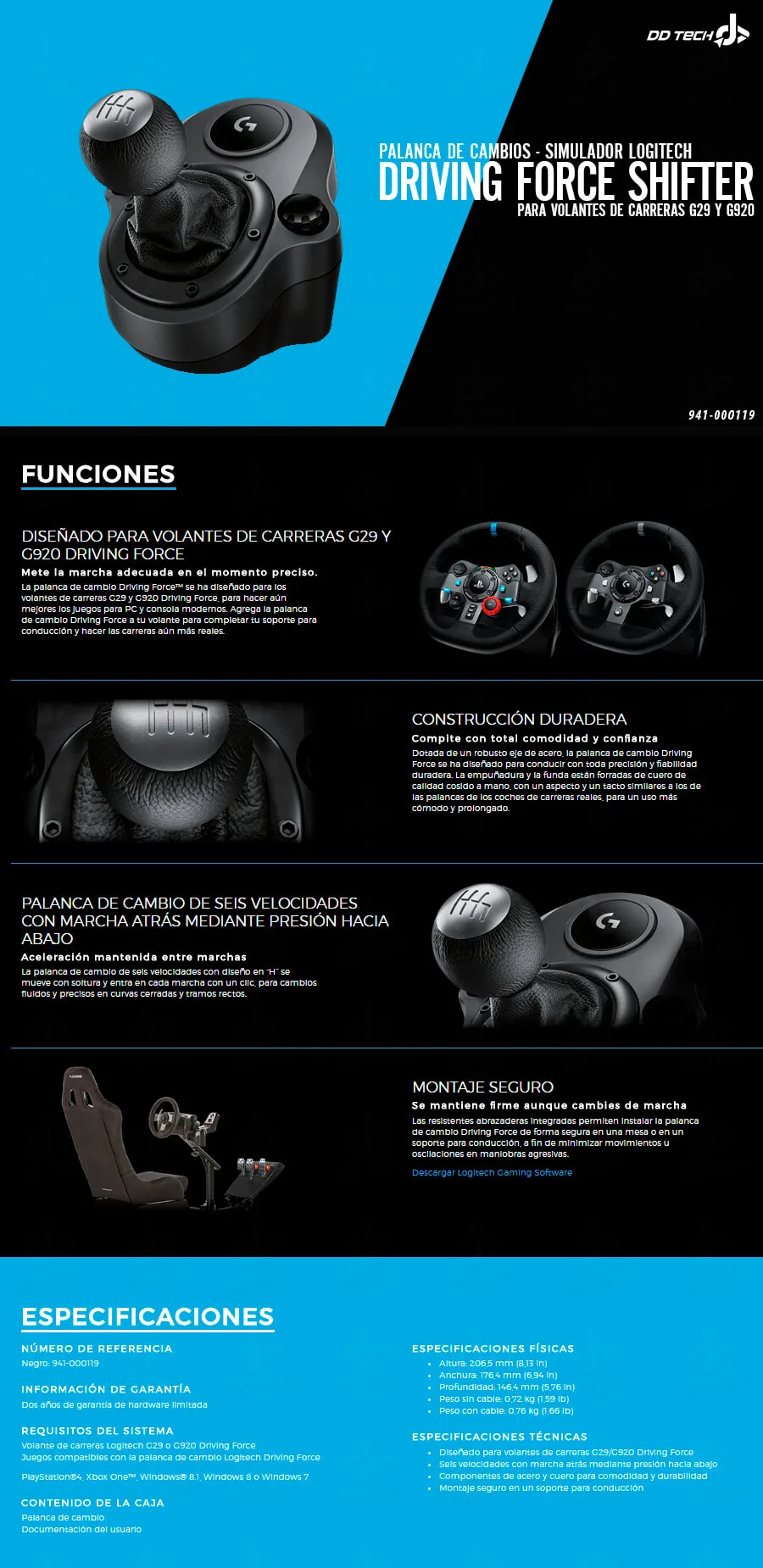 Descripción de Palanca de Cambios - Simulador Carreras Logitech Driving Force Shifter compatible con G29 y G920 / 941-000119 