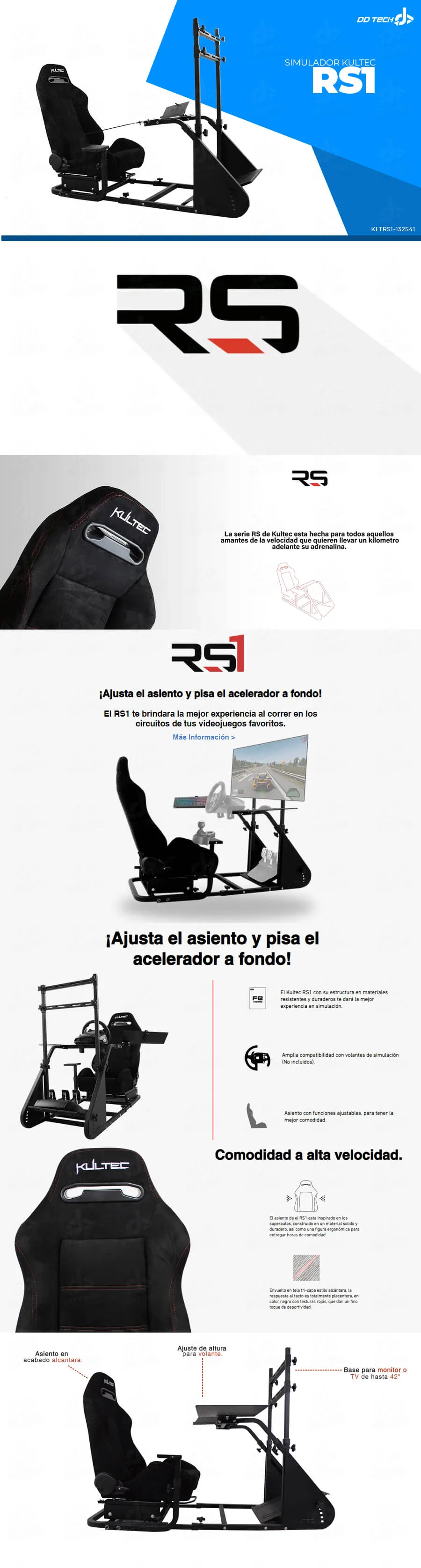 Descripción de Simulador de carreras Kultec RS1 / Soporte para volante, palanca, teclado y pantalla / incluye asiento 
