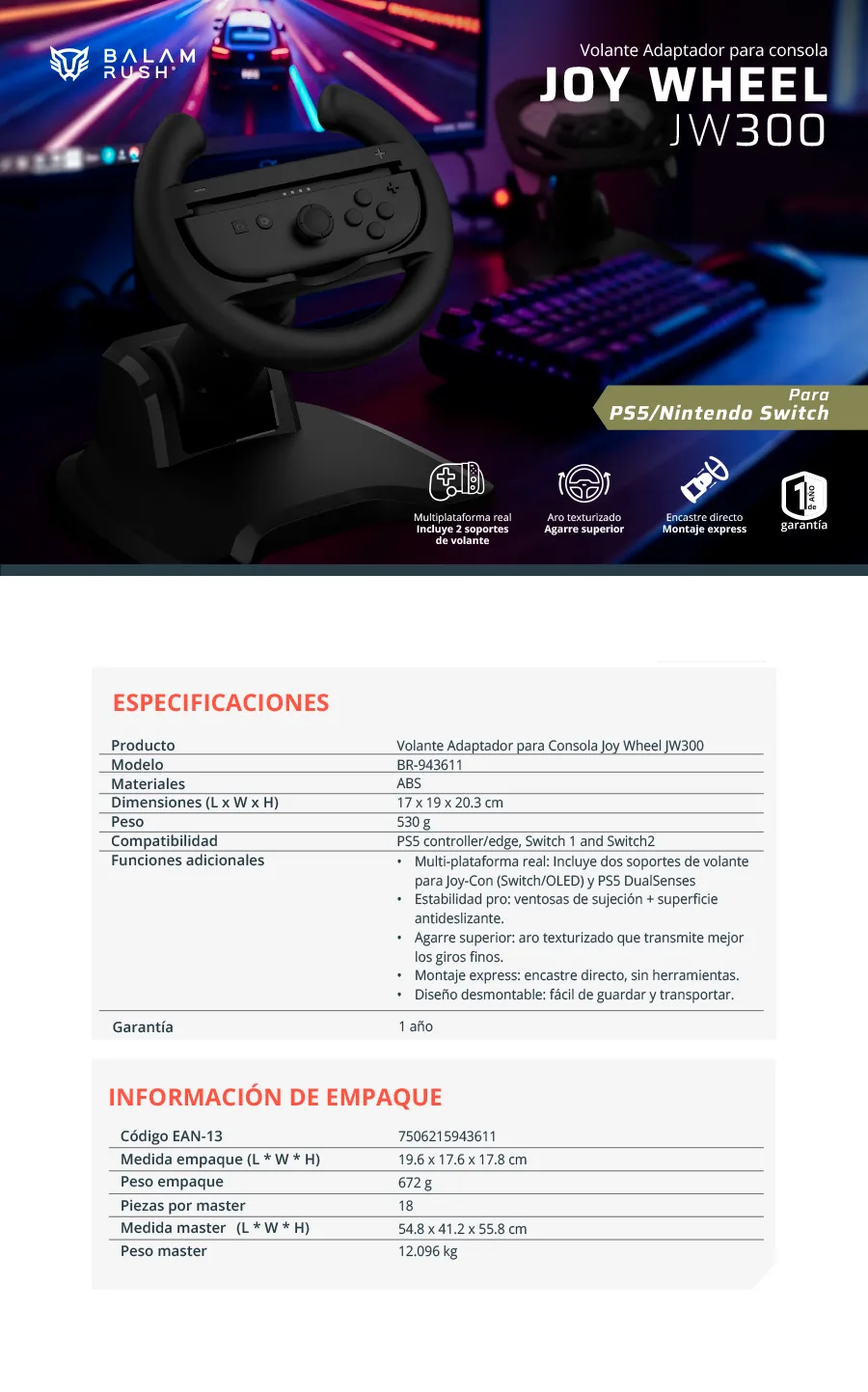 Descripción de Volante Balam Rush Joy Wheel JW300 / BR-943611