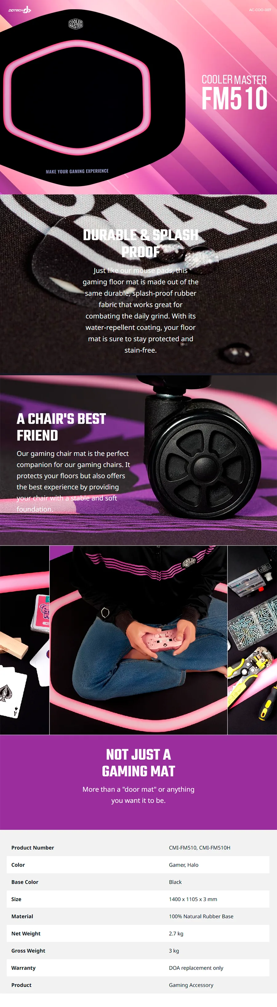Descripción de Tapete Para Silla Gamer Cooler Master FM510 Halo / 1400x1105x3mm / Grosor 3mm / Negro/Rosa / CMI-FM510H
