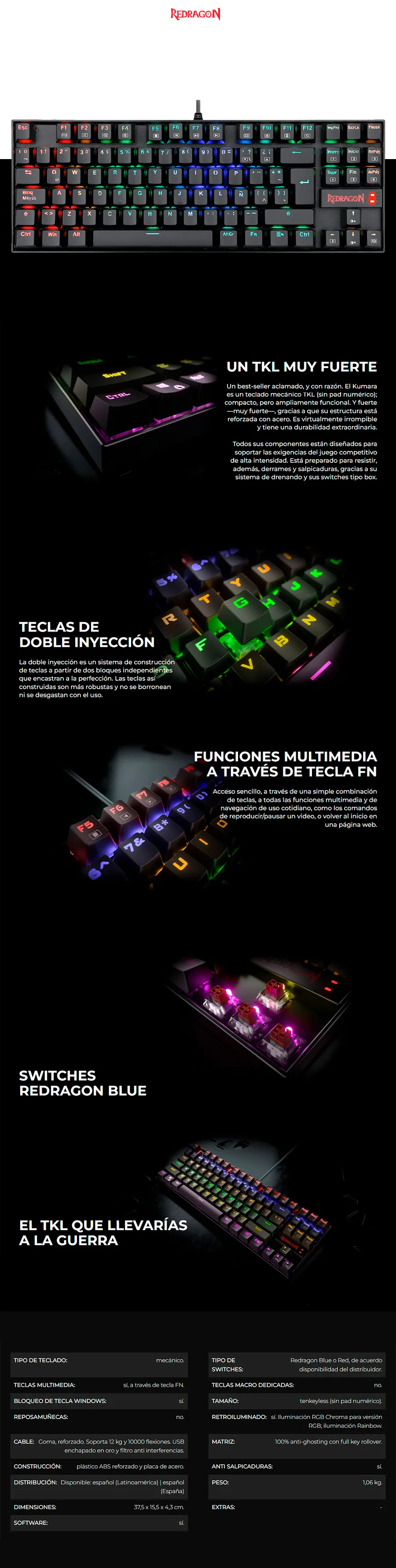 Descripción de Teclado Gamer Redragon Kumara K552-KR / Teclado Mecánico / Outemu Red / Alámbrico / Negro / K552-KR SP-RED /