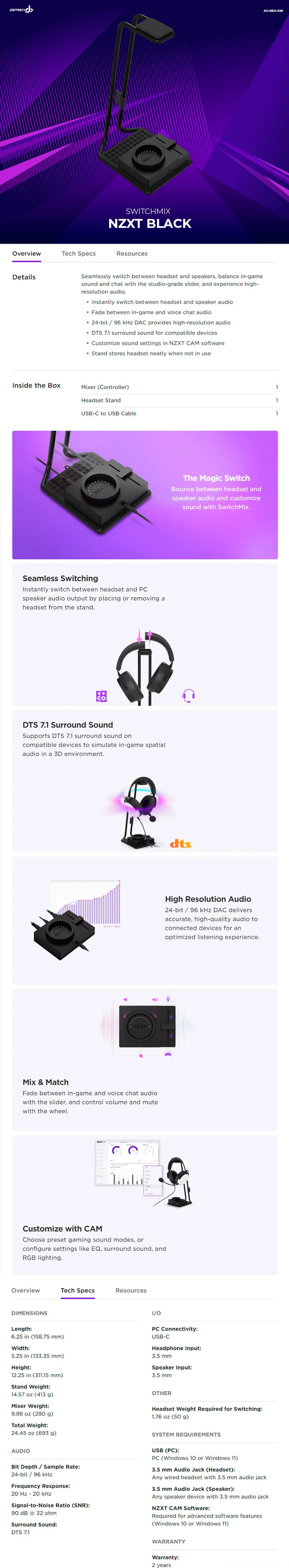 Descripción de Switch Mix NZXT Black / Negro / Mixer compatible con NZXT Relay Headset / AP-USMSM-B1