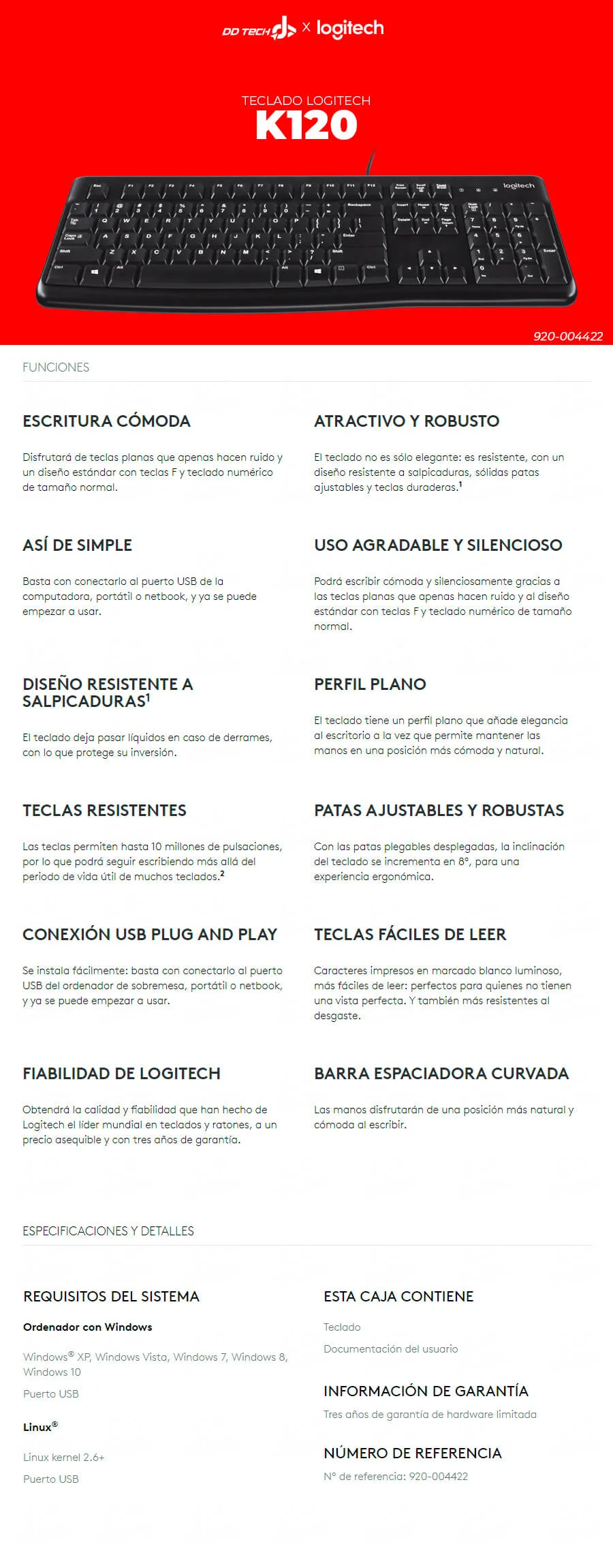 Descripción de Teclado Logitech K120 / USB / Español /920-004422