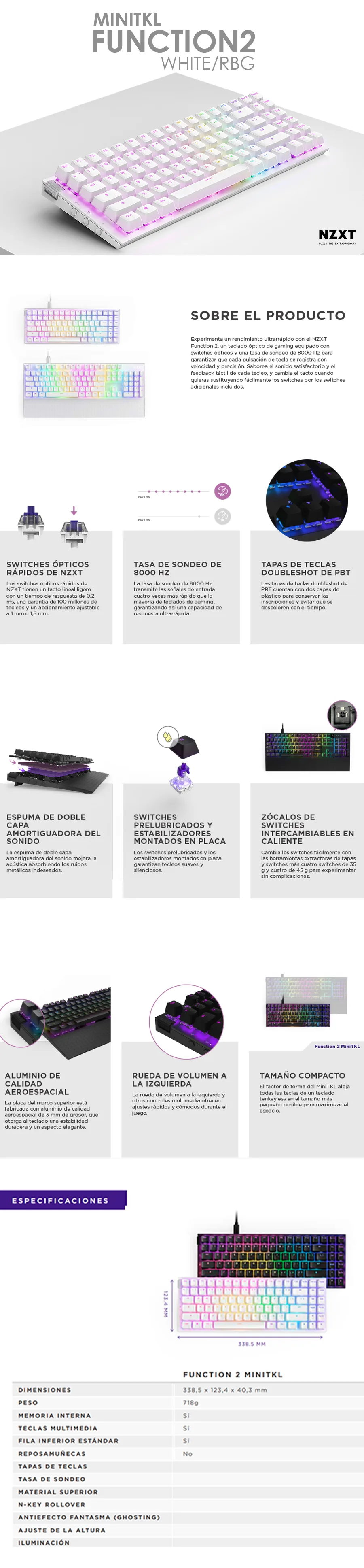 Descripción de Teclado Mecanico NZXT Function 2 MINITKL / White / RGB / Switch Optical Red / Ingles / KB-002NW-US