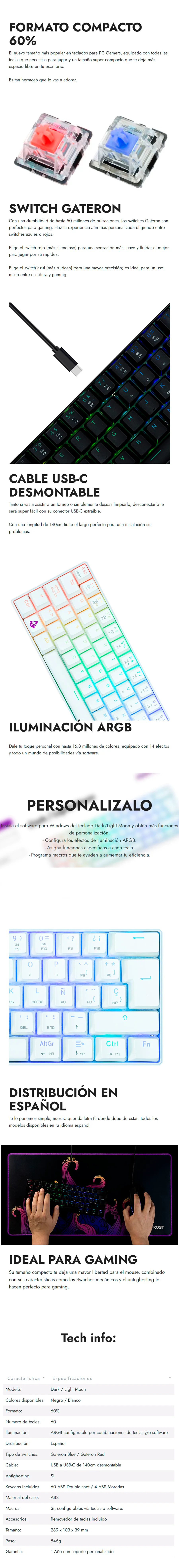 Descripción de Teclado Gamer Mecánico Munfrost Dark Moon Black / Switch Gateron Blue / Formato 60% / Alámbrico USB Desmontable / Iluminación ARGB / Distribución Español / MFKDMA1B