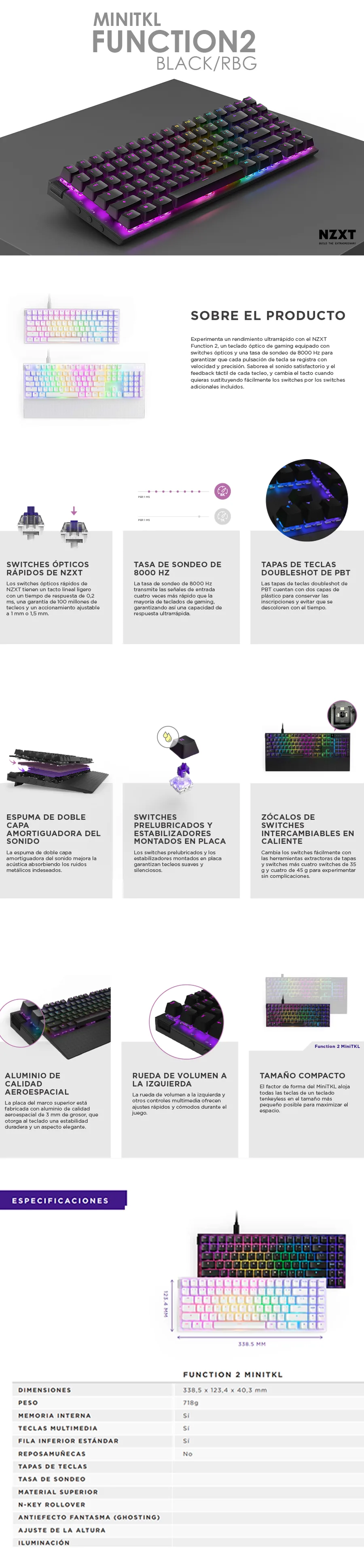 Descripción de Teclado Mecanico NZXT Function 2 MINITKL / Negro / RGB / Switch Optical Red / Ingles / KB-002NB-US /PROMONZXT