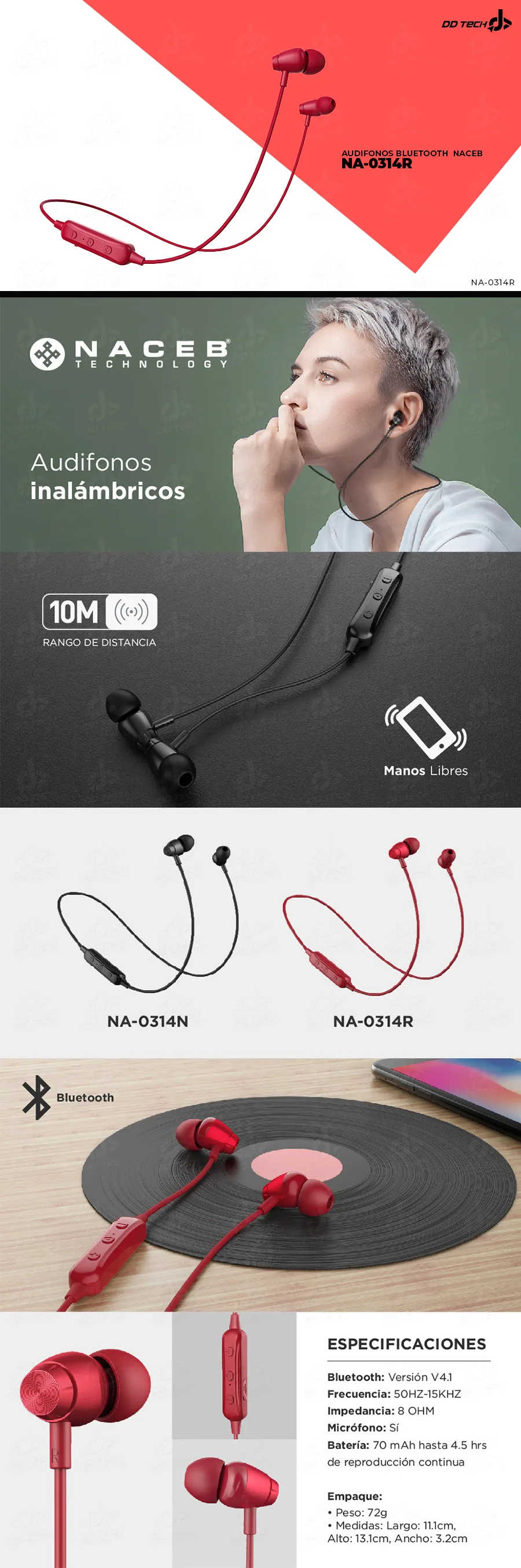 Descripción de Audifonos Bluetooth Naceb NA-0314R Rojos / Manos Libres