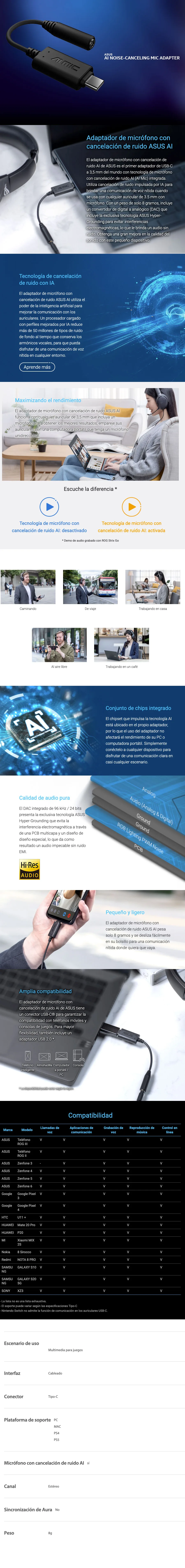 Descripción de Adaptador Asus AI Cancelación de Ruido /  Hi-Res Audio / Multiplataforma - ASUS AI NC MIC ADAPTER/USB-A