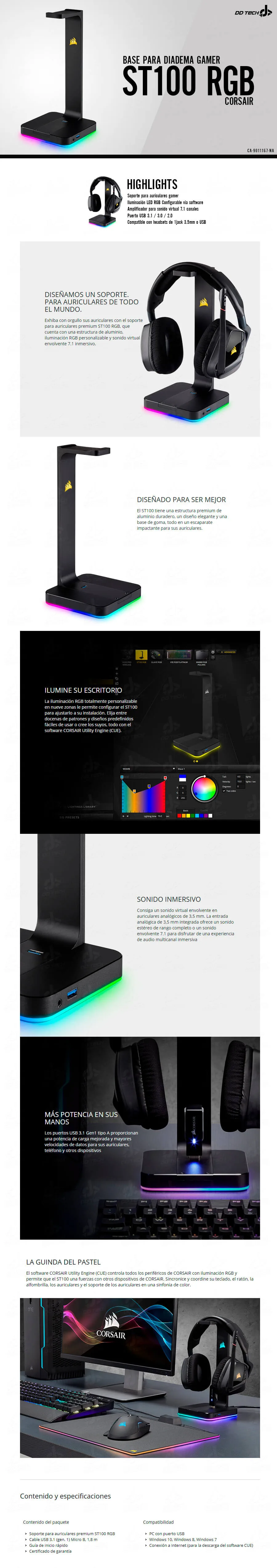 Descripción de Base / Soporte para auriculares Corsair ST100 RGB Mod CA-9011167-NA