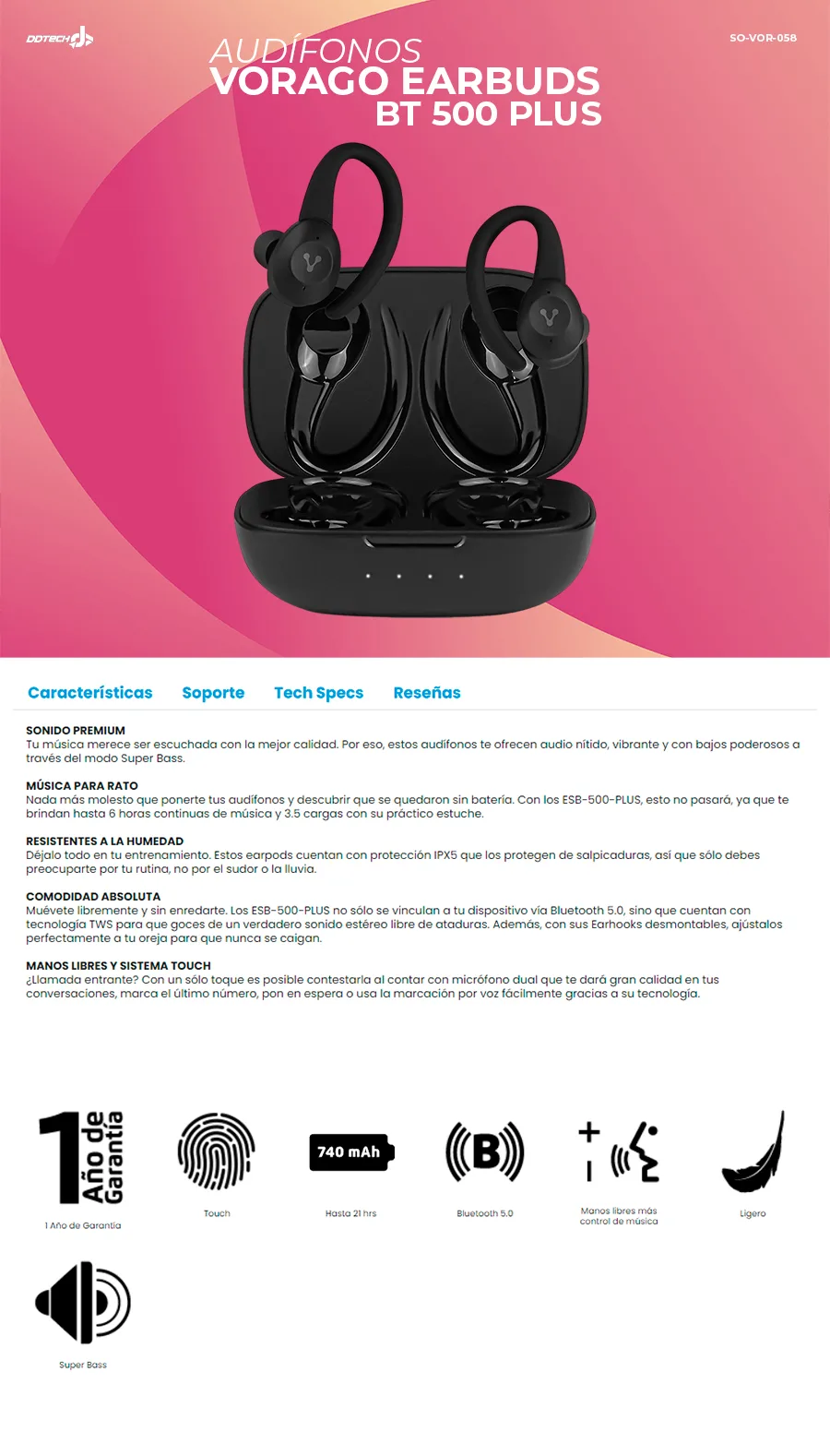 Descripción de Audífonos con Micrófono Vorago ESB-500-PLUS Bluetooth 5.0 / IPX5 / Manos Libres / Negro / ESB-500-PLUS