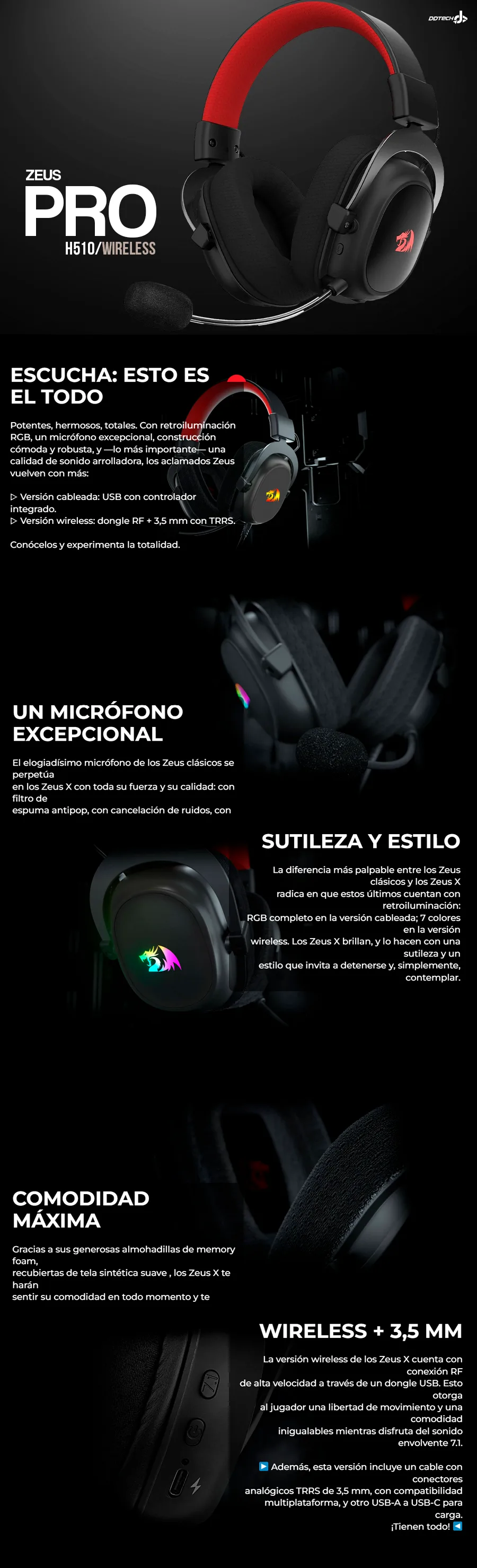 Descripción de Diadema Gamer Redragon ZEUS PRO H510 / Inalámbricos / Sonido envolvente 7.1 / Controladores de Audio de 53 mm en Almohadillas Para Orejas de Espuma Viscoelástica / H510-PRO