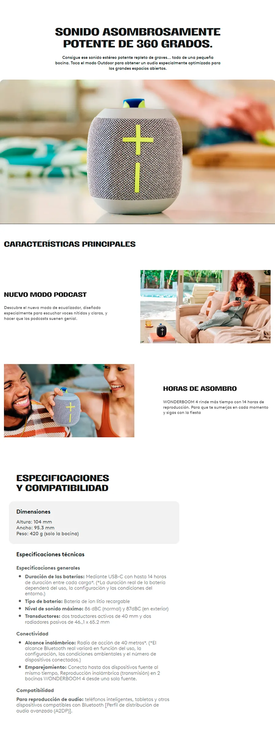 Descripción de Bocina Portátil Logitech Wonderboom 4 / Bluetooth / Inalámbrico / USB-C / 10W / Gris / Resistente al Agua / 984-001891