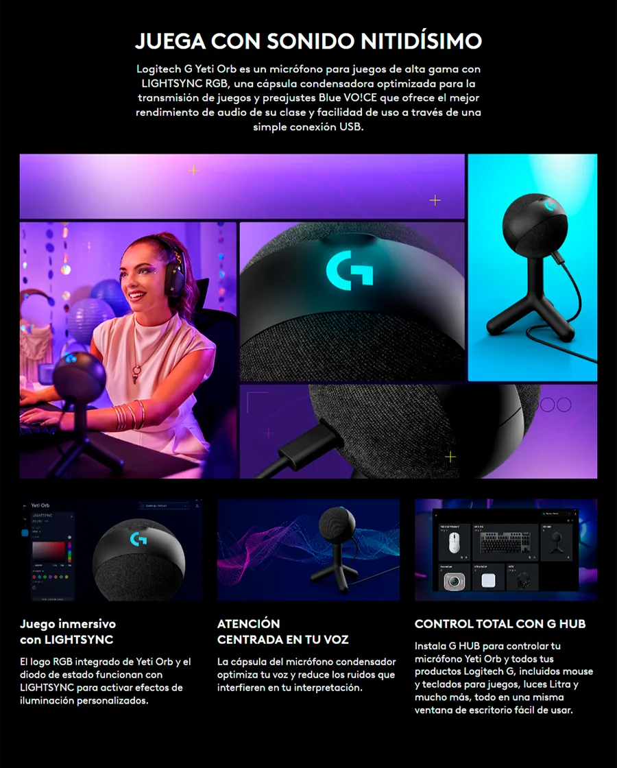 Descripción de Micrófono USB Logitech G YETI ORB / RGB LIGHTSYNC / Condensador / Negro / 988-000550