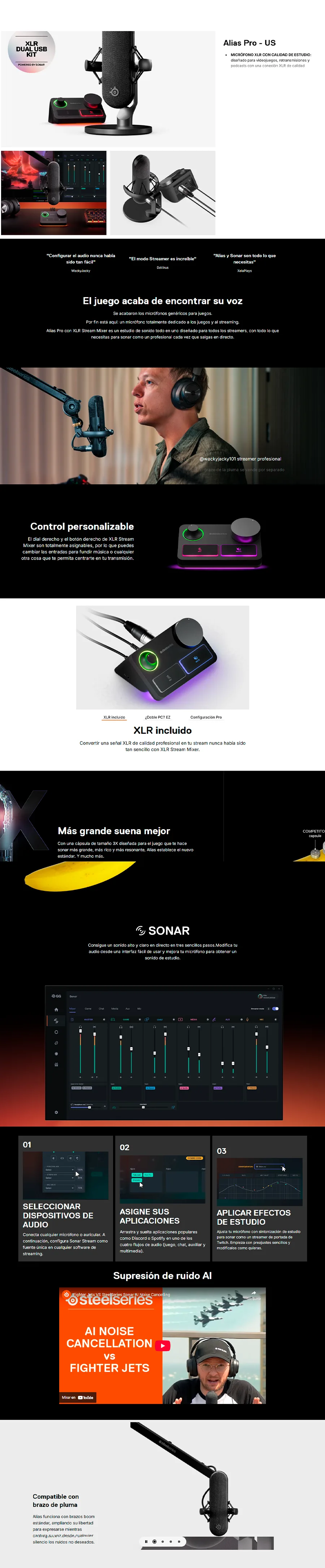 Descripción de Micrófono SteelSeries Alias Pro XLR + Mezclador de Secuencia / 3 cápsulas más Grandes para Juegos / Transmisión y Podcasting / Interfaz USB/XLR / 61596