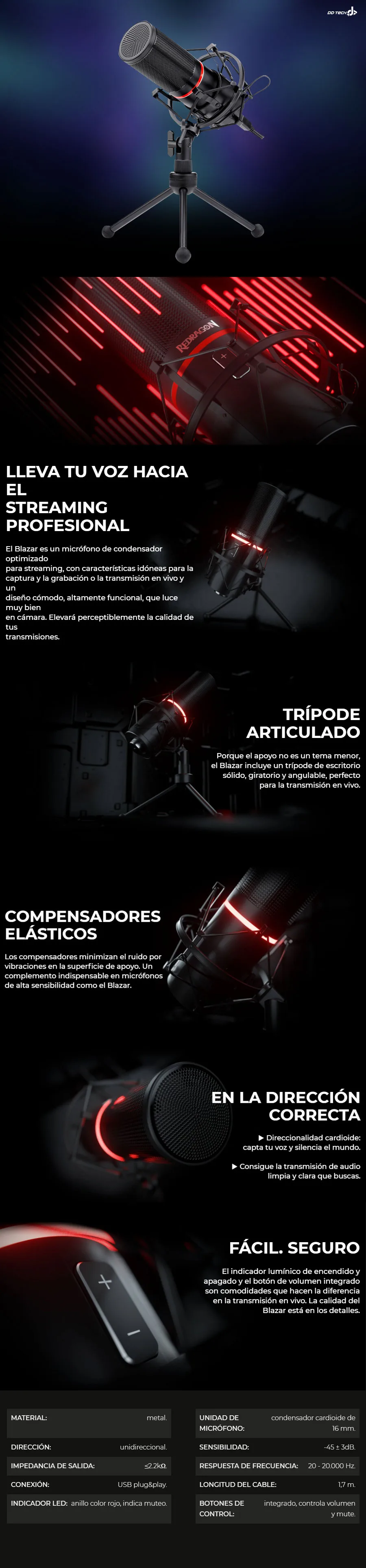 Descripción de Microfono Profesional para Streaming / Redragon GM300 Blazar / Conectividad USB / No requiere amplificador / Tripie y soporte incluidos