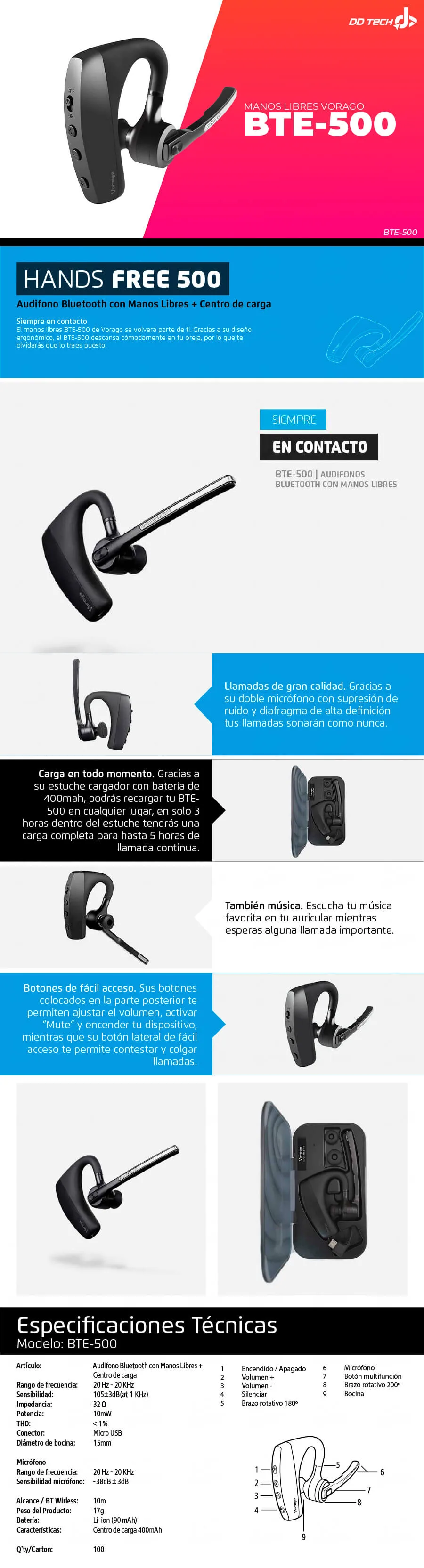 Descripción de Manos Libres Bluetooth Vorago BTE-500 Negro