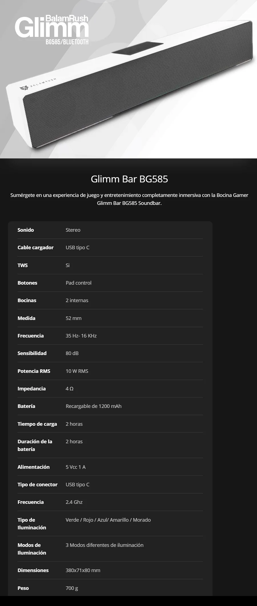 Descripción de Balam Rush Barra de Sonido Gamer Glimm Bar BG585 / Bluetooth / Alámbrico/Inalámbrico / 10W RMS / Blanco / BR-936965