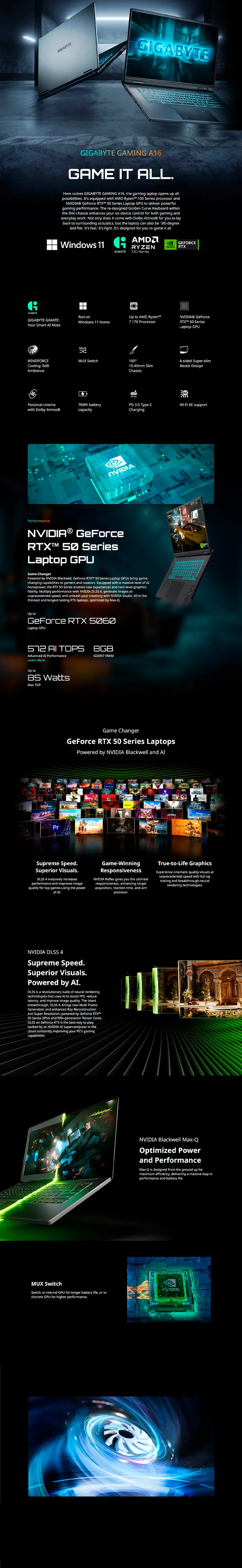 Descripción de Laptop Gamer Gigabyte GAMING A16 / AMD Ryzen 7 170 / GeForce RTX 5060 8GB / 16GB DDR5 / SSD 512GB / 16" FHD+ / GA65H