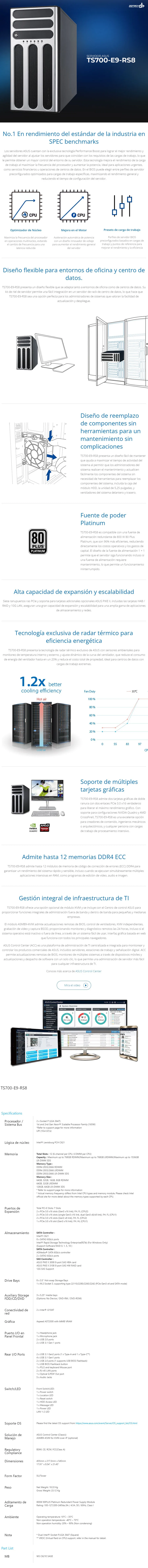 Descripción de Servidor Empresarial ASUS TS700-E9-RS8 / Xeon Silver 4210R / 16GB / 1TB / 800W / Sin SO