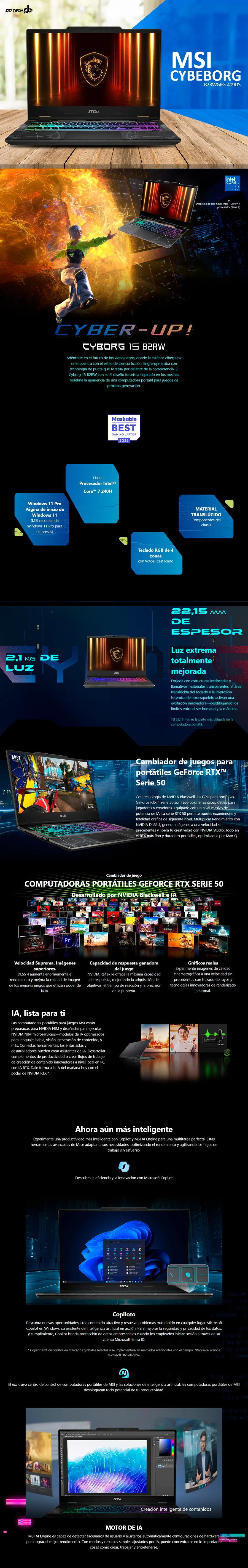 Descripción de Laptop Gamer MSI Cyborg 15 B2RWGKG-409US / 15.6" / Full HD / 144Hz / Intel Core 7 240H / 16GB DDR5-5600 / SSD NVMe Gen4 1TB / NVIDIA GeForce RTX 5070 Laptop 8GB GDDR7 / Wi-Fi 6E / Windows 11 Home / B2RWGKG-409US