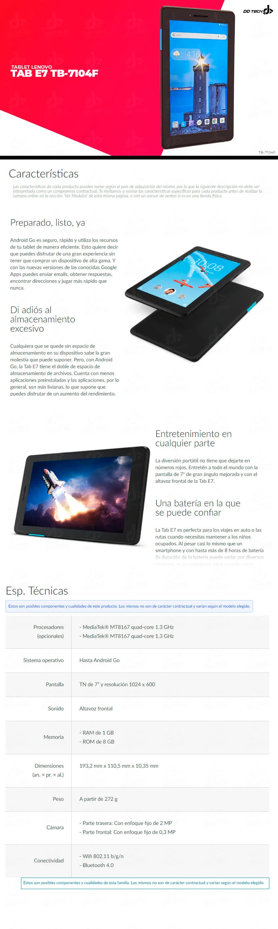 Descripción de Tablet Lenovo 7" Android ARM Quad Core / 1GB / 8GB / Negro / TB-7104F