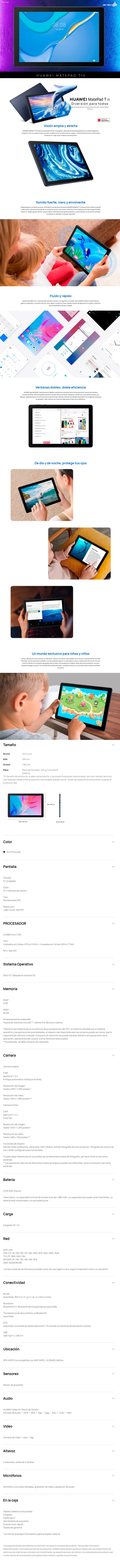 Descripción de Tablet Huawei MatePad T10 10" Android ARM Quad Core / 2GB / 32GB / Azul Obscuro / AGR-W09