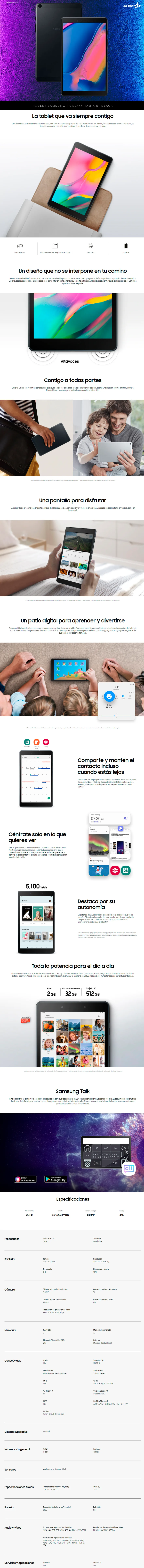 Descripción de Tablet Samsung Galaxy Tab A 8" Android ARM Quad Core / 2GB / 32GB / Negra / SM-T290NZKAMXO