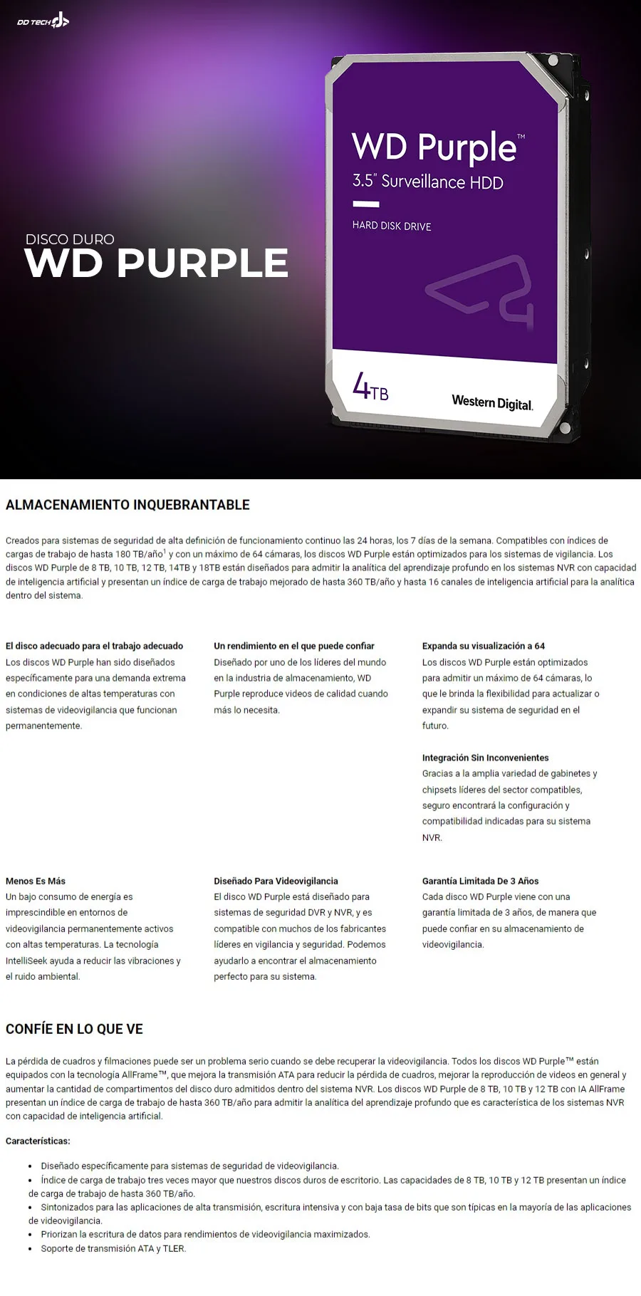 Descripción de Disco Duro Interno WD Purple 4TB 3.5" SATA 3 / Para Sistemas de Videovigilancia / WD44PURZ