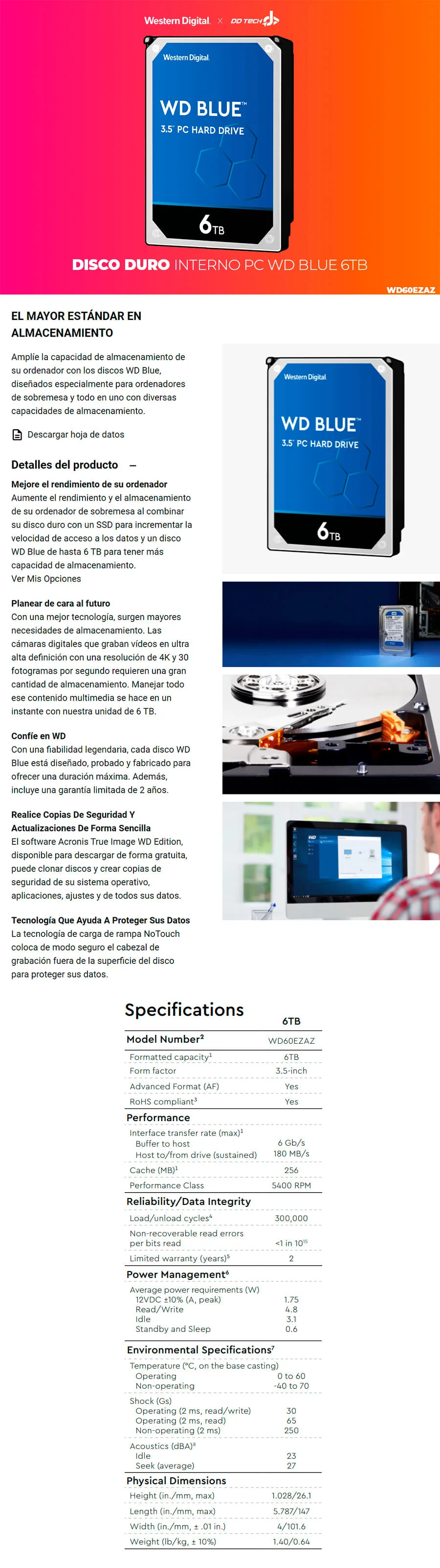 Descripción de Disco Duro Interno WD Blue 6TB 3.5" SATA3 / 5400RPM / 256MB / Nuevo / WD60EZAZ