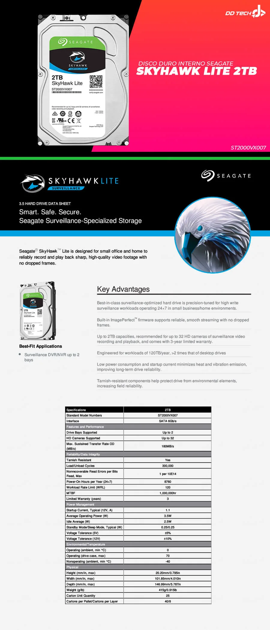 Descripción de Disco Duro Interno Seagate Skyhawk Lite 2TB 3.5" SATA 3 / Para Sistemas de Videovigilancia / ST2000VX007