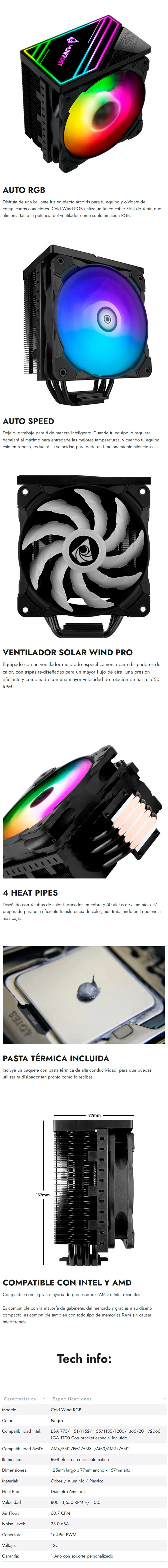 Descripción de Disipador para CPU Munfrost Cold Wind RGB - Ventilador de 120mm - Compatible con procesadores Intel y AMD - Listo para LGA 1700 / OFFMUNFROST 
