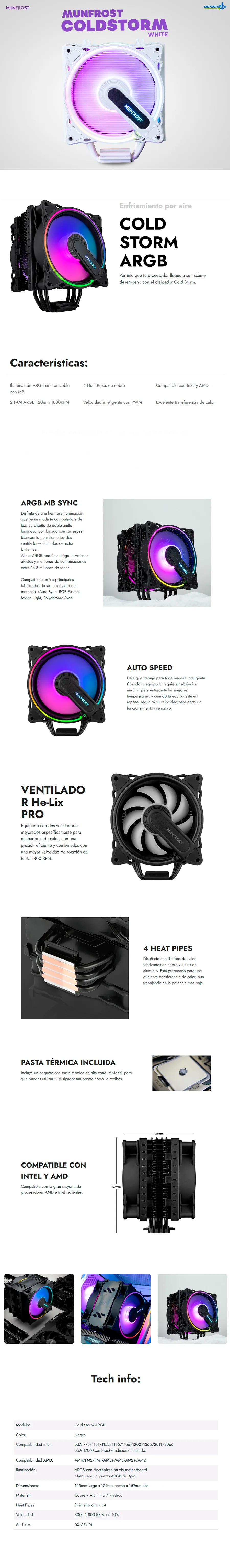 Descripción de Disipador Munfrost Cold Storm White / ARGB / 2x120mm / Compatible con procesadores Intel y AMD - Listo para LGA 1700 / ARGB Sync Con TM / Blanco