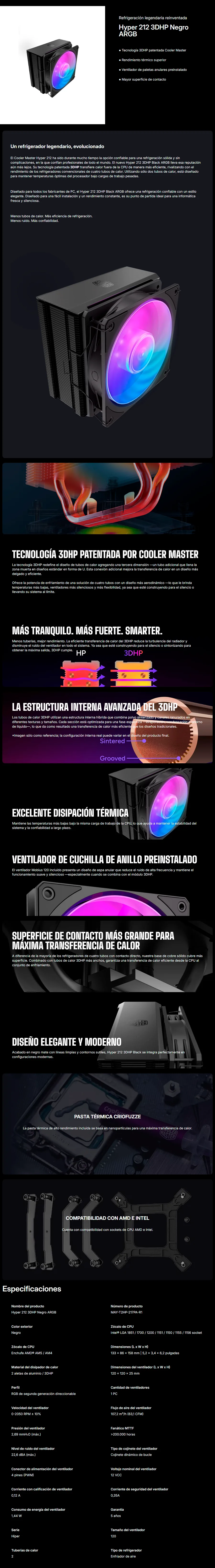 Descripción de Disipador para CPU Cooler Master Hyper 212 3DHP Black ARGB / 120mm PWM / ARGB Gen 2 / Intel LGA1851 1700 1200 115X / AMD AM5 AM4 / MAY-T2HP-217PA-R1