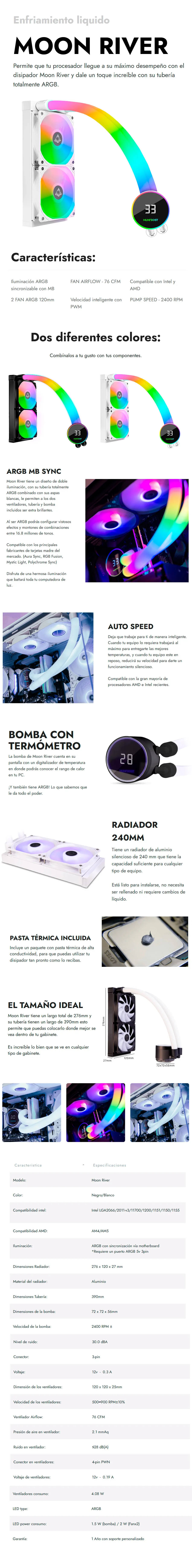 Descripción de Enfriamiento Líquido Munfrost Moon River 240 ARGB / Bomba Con Termómetro / Auto Speed / Pump Speed 2400RPM / White