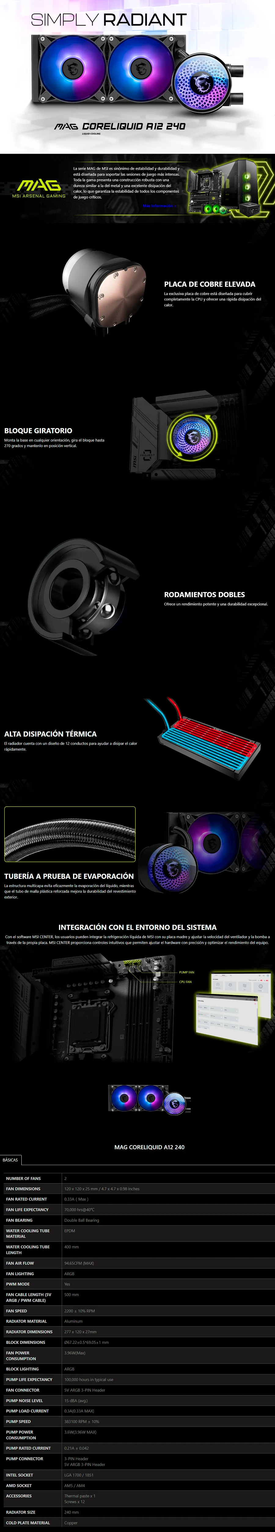 Descripción de Enfriamiento Líquido MSI MAG CORELIQUID A12 240 / 2x120mm / 500-2200RPM / Negro / MAG CORELIQUID A12 240