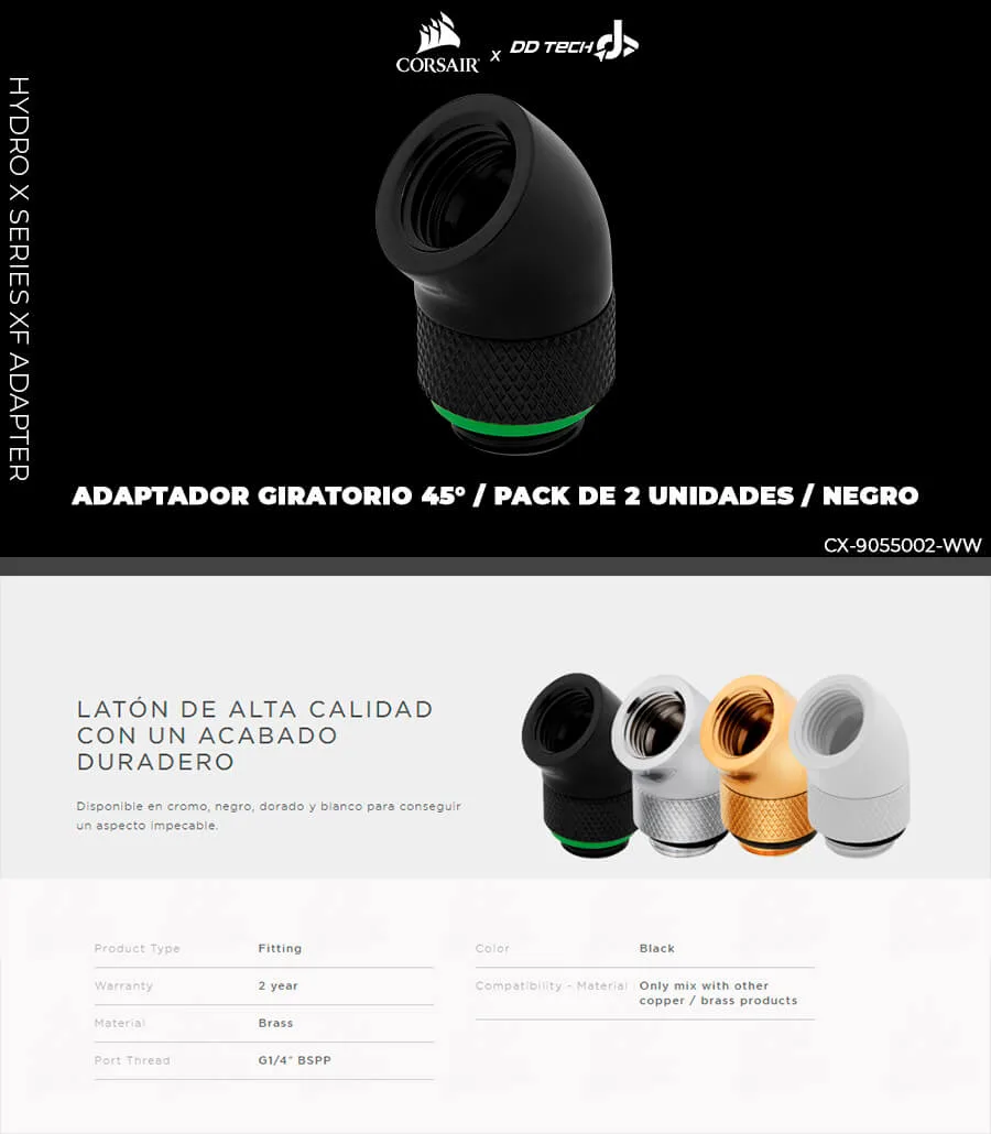 Descripción de Adaptador giratorio 45° Corsair Hydro X Series XF / Pack de 2 unidades / Negro / CX-9055002-WW