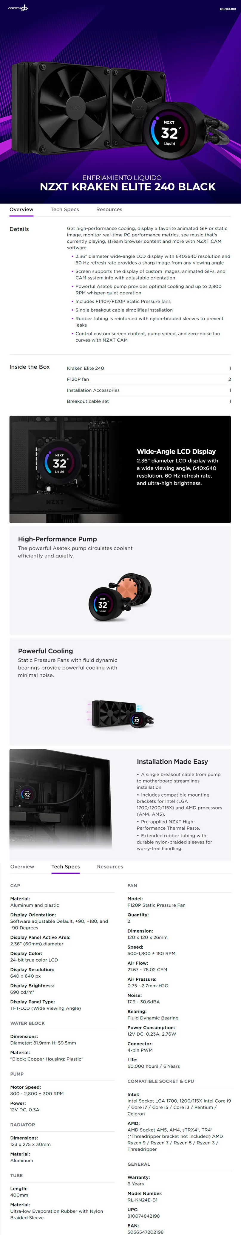 Descripción de Sistema de Enfriamiento Liquido NZXT Kraken Elite 240 Black / 240mm / RGB en Bomba / Negro / Bomba Separada / RL-KN24E-B1/