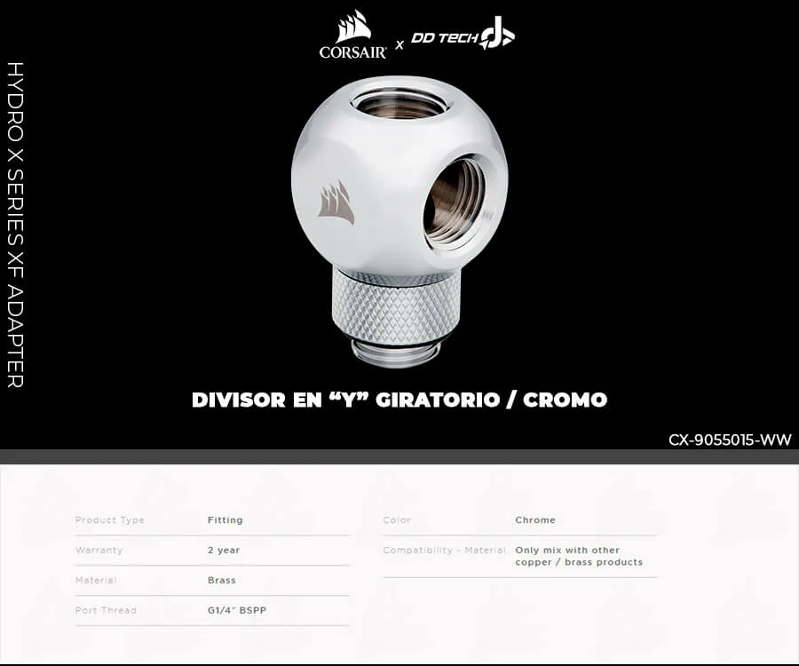 Descripción de Splitter en Y giratorio Corsair Hydro X Series XF / Cromo / CX-9055015-WW