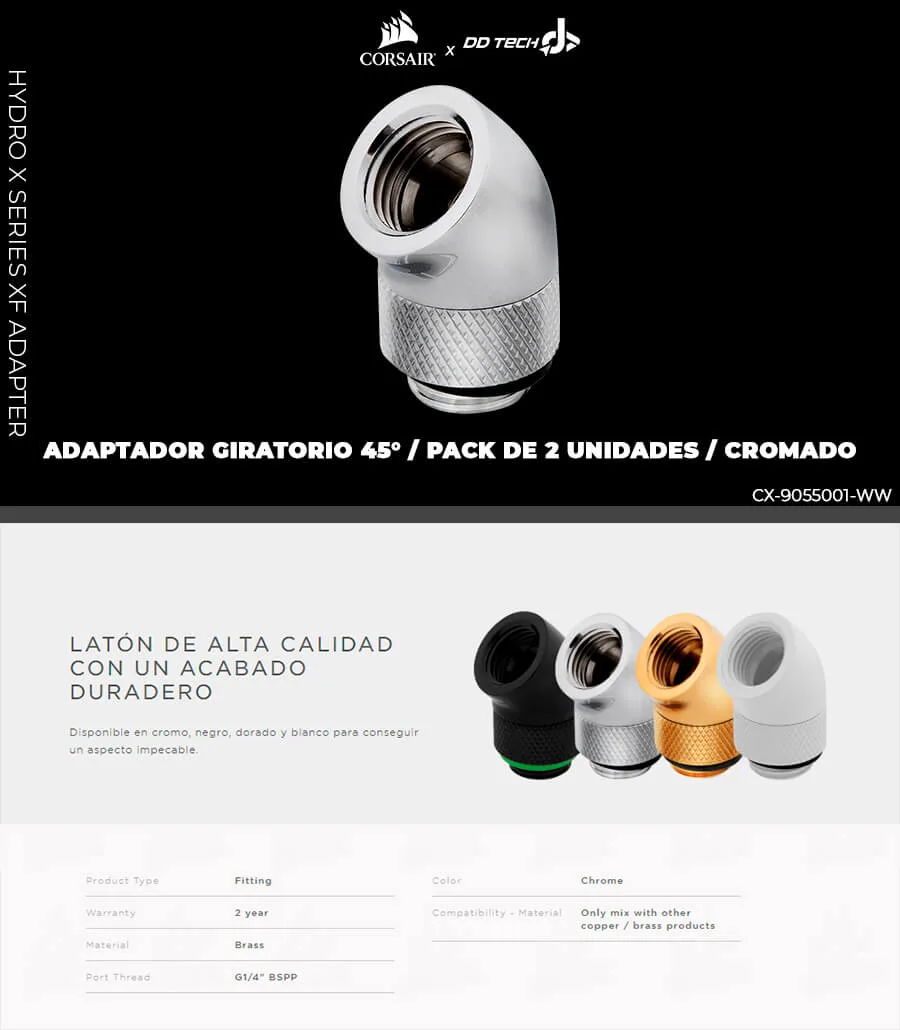 Descripción de Adaptador giratorio 45° Corsair Hydro X Series XF / Pack de 2 unidades / Cromo / CX-9055001-WW