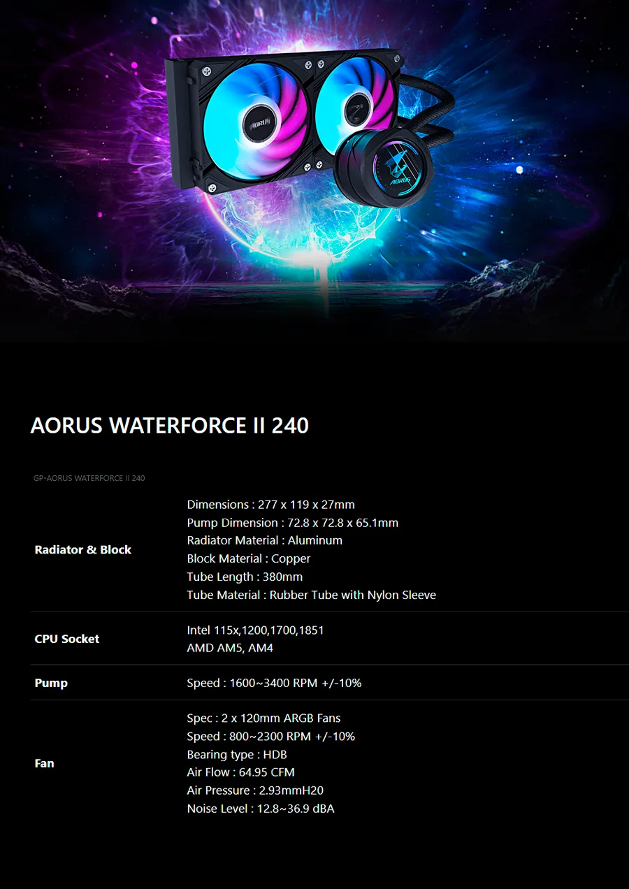 Descripción de Enfriamiento Líquido Aorus Waterforce II 240 / 2x120mm / Hasta 2300RPM / Negro / GP-AORUS WATERFORCE II 240 / GB