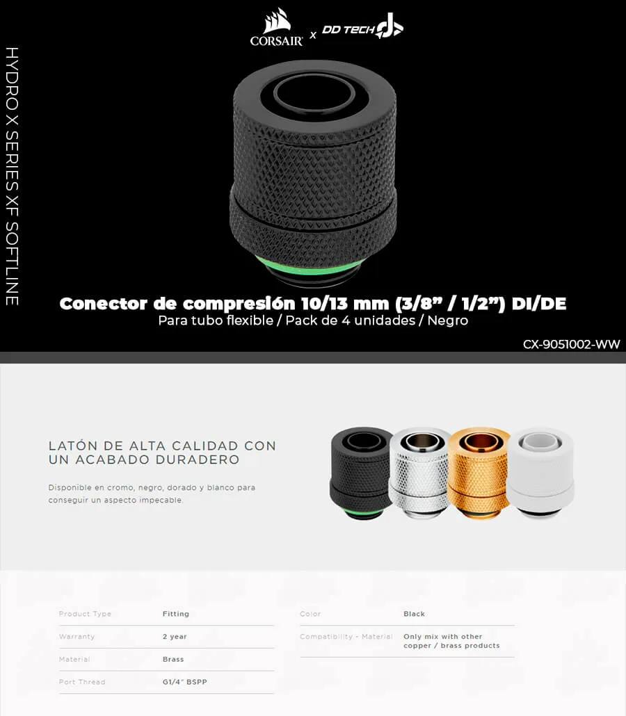 Descripción de Fitting de compresión Corsair Hydro X Series XF Softline / 10/13mm (3/8” / 1/2”) DI/DE / Negro / Pack de 4 unidades / Para tubo flexible / CX-9051002-WW