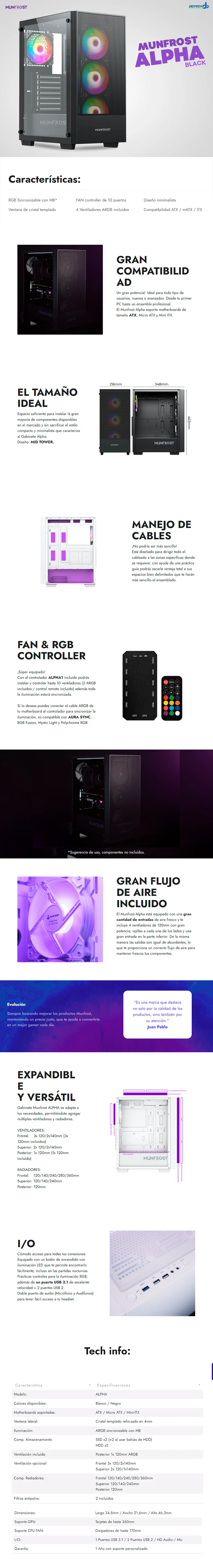 Descripción de Gabinete Munfrost Alpha Black / Cristal templado / ARGB Sync / Controlador de ventiladores / Atx - Micro ATX - Mini ITX / 4 Ventiladores ARGB incluido/ 