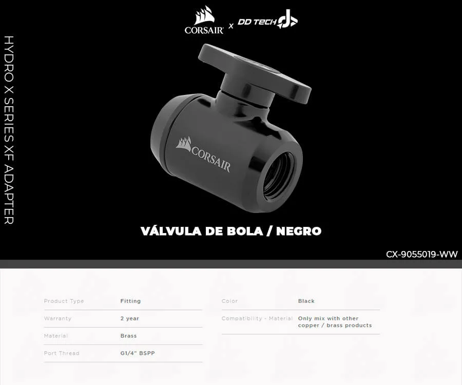 Descripción de Válvula de bola Corsair Hydro X Series XF / Negro / CX-9055019-WW