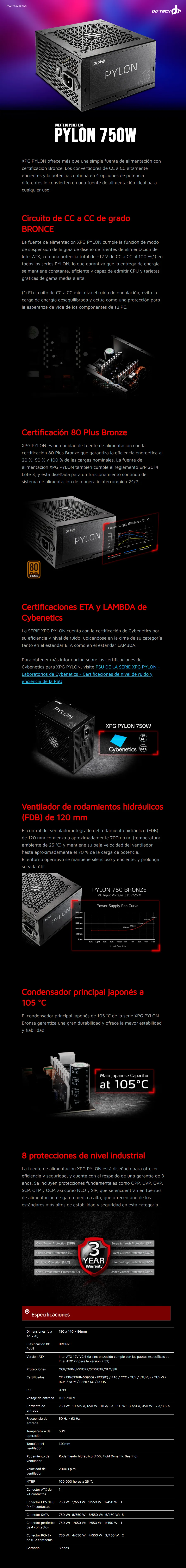 Descripción de Fuente de poder XPG Pylon 750W / Certificación 80+ Bronze / PYLON750B-BKCUS