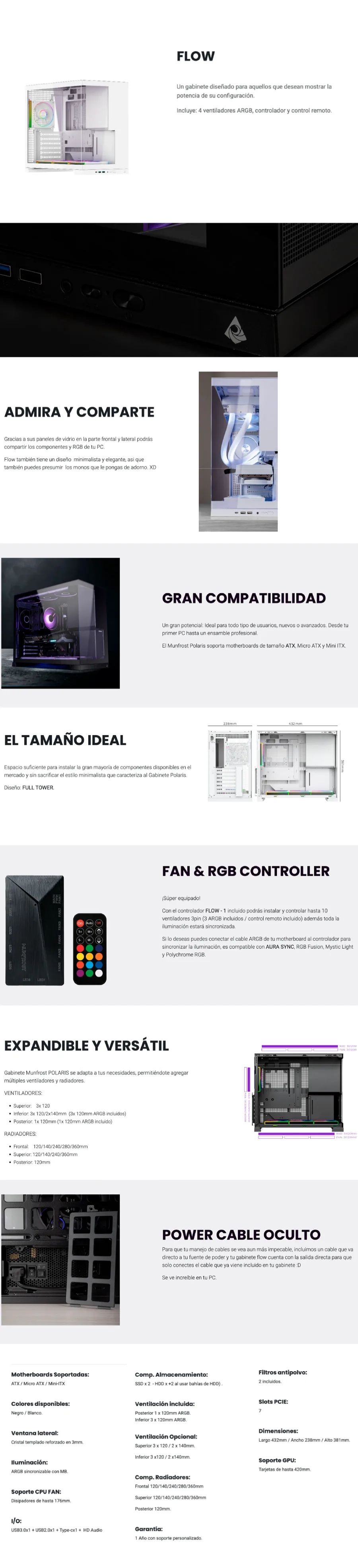 Descripción de Gabinete Munfrost Flow / Media Torre / Diseño Panorámico / 4 Ventiladores ARGB + Control / Cristal Templado / Negro / CGFLOWBMFT/ 