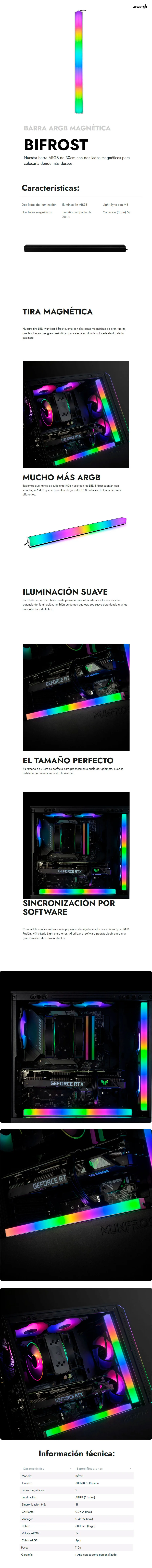 Descripción de Barra ARGB Munfrost Bifrost Magnética / 30cm / Light Sync con Motherboard promomun