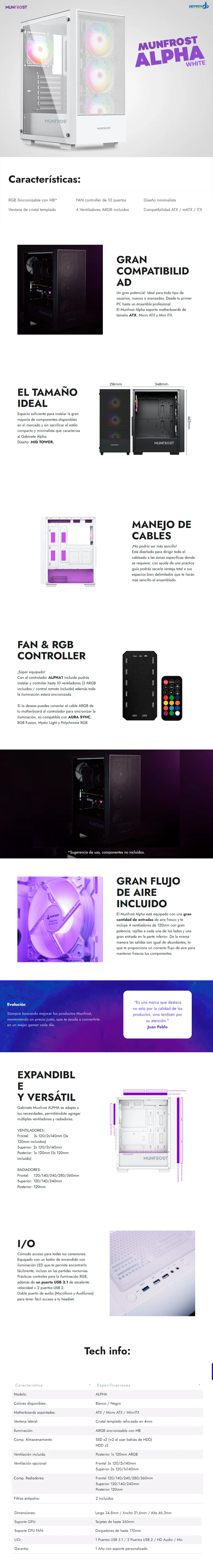 Descripción de Gabinete Munfrost Alpha White / Cristal templado / ARGB Sync / Controlador de ventiladores / Atx - Micro ATX - Mini ITX / 4 Ventiladores ARGB incluido/