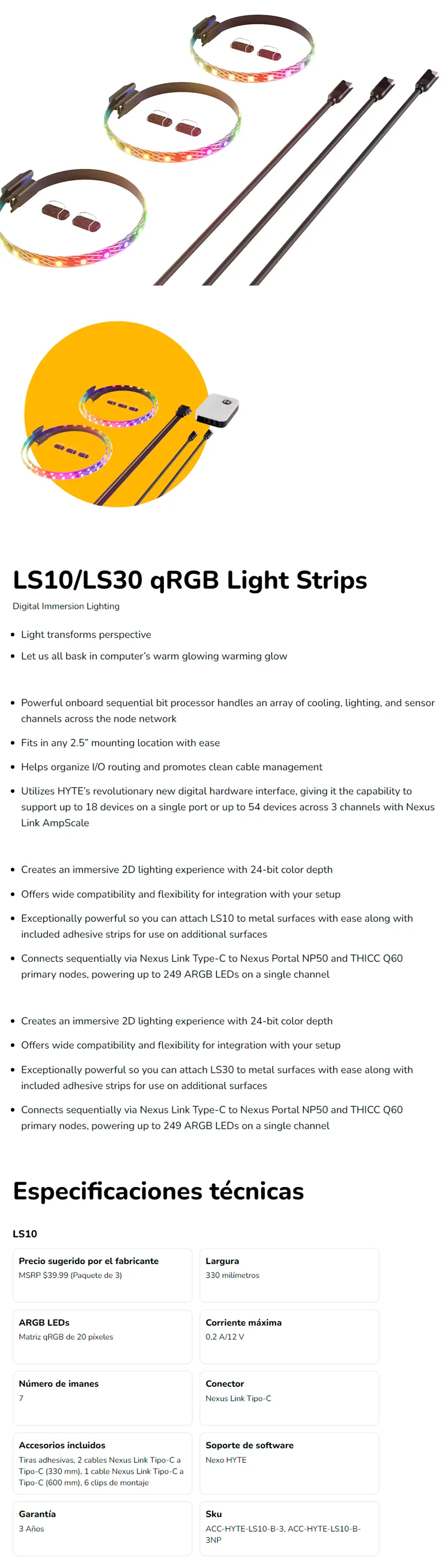 Descripción de Kit de 3 Tiras Led HYTE LS10 / qRGB / Iluminación de Inmersión Digital / Negro / No Incluye Controlador / ACC-HYTE-LS10-B-3