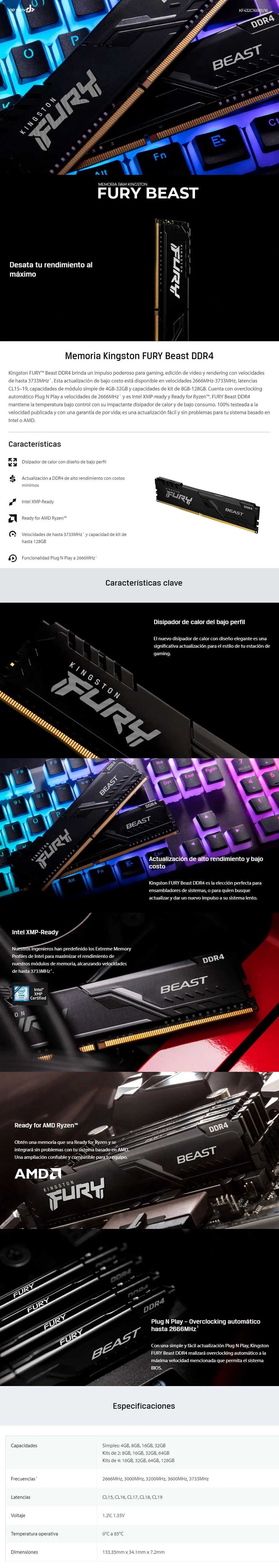 Descripción de Memoria RAM DDR4 16GB 3200MHz Kingston Fury Beast 1 Modulo Negro KF432C16BB1/16 