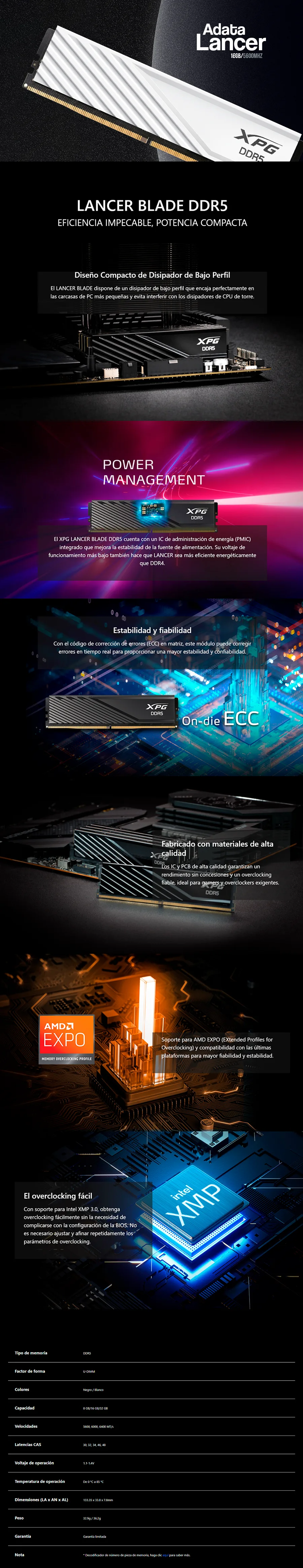 Descripción de Memoria RAM XPG Lancer Blade / 16GB / DDR5 / 5600Mhz / Blanca / AX5U5600C4616G-SLABWH  XMP/EXPO incompatible con Ryzen 8000 series 